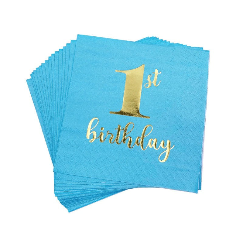 Paper Napkins in blue with shinny gold stamped "1st Birthday"  