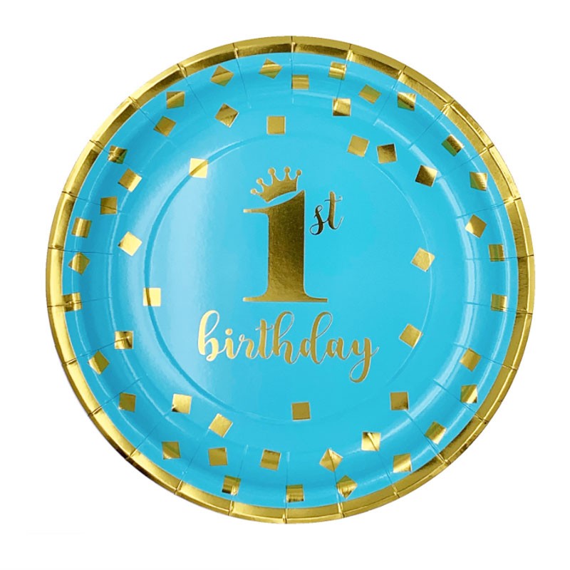 Load image into Gallery viewer, Gold 1st Birthday Blue Plates
