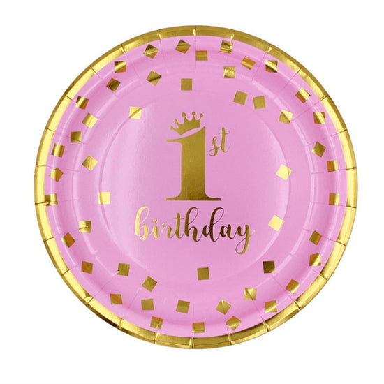 Paper Plates in Pink with shinny gold stamped "1st Birthday"