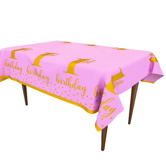 Gold 1st Birthday Pink Plastic Table Cover for your cake cutting table or dessert table.