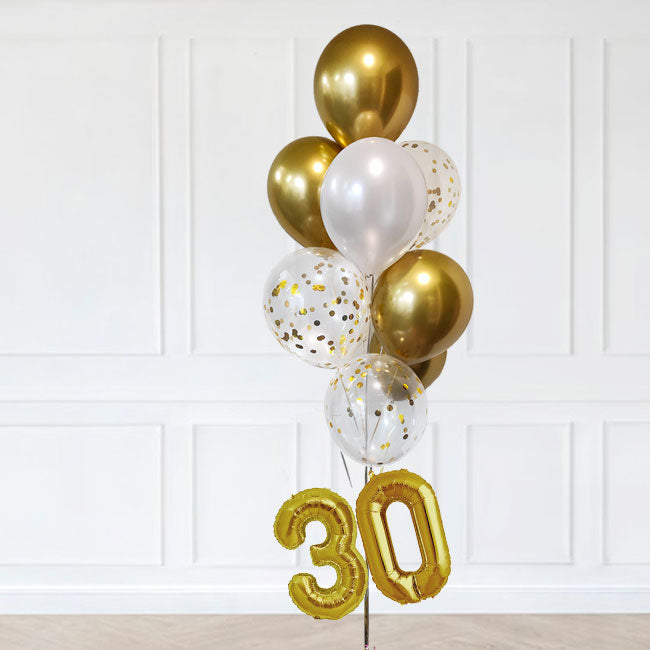 Mini number balloons with chrome gold and confetti balloons. All helium balloons for the best effects.