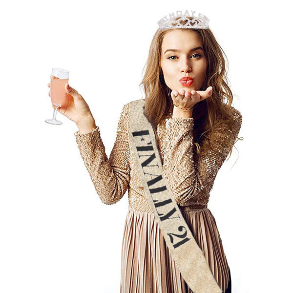 Jamie celebrating her 21st Birthday in style with a golden glittery sash and tiara.