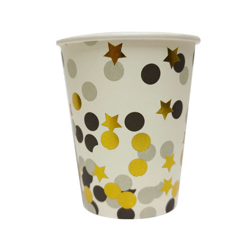 Gold Stars & Dots Paper Cups for your birthday party table set up.