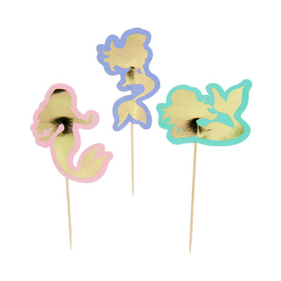Load image into Gallery viewer, Golden and shimmering mermaid shaped cupcake picks for the cupcake decoration.
