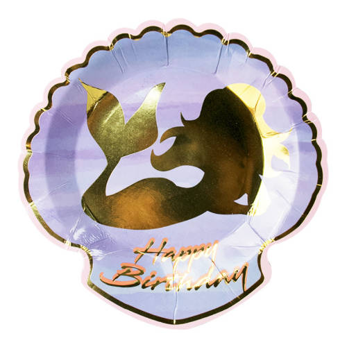 Remarkable Shall Shaped party paper plates with a golden mermaid silhouette in the center of it.