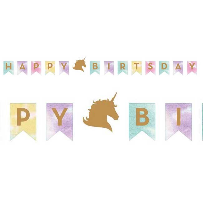 Load image into Gallery viewer, Get this cool rainbow coloured Golden Unicorn Fun banner to decorate your birthday party! Sweet and lovely Unicorn &amp;quot;Happy Birthday&amp;quot; banner in colourful floral print. 
