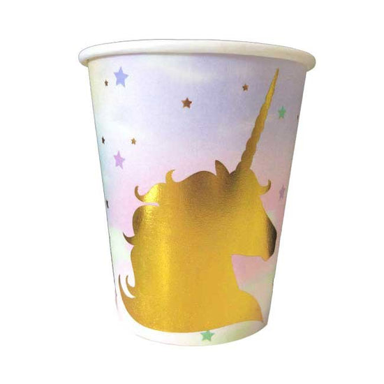 Lovely rainbow coloured party plate featuring the golden silhouette of a magical unicorn. Magical Unicorn Party Cups - Package includes 6 pcs of lovely Unicorn style paper cups to match your party theme. Cups are versatile enough to serve warm or cold beverages.