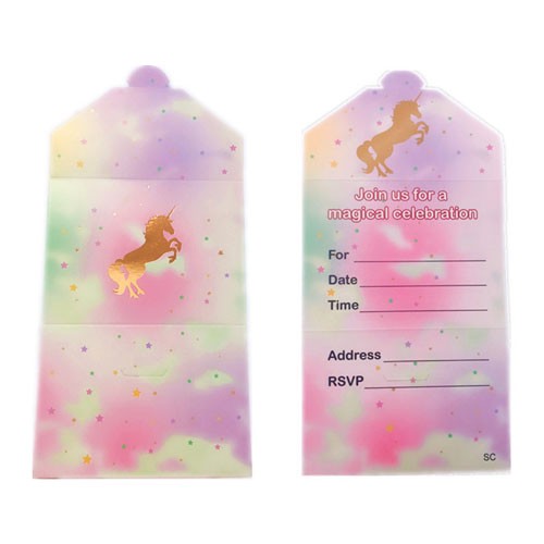 Kids are thrilled when they get mail addressed to them. They are going to be especially excited when they see that they are invited to a magical unicorn party. These invitations feature blank lines on the inside to write your party information.