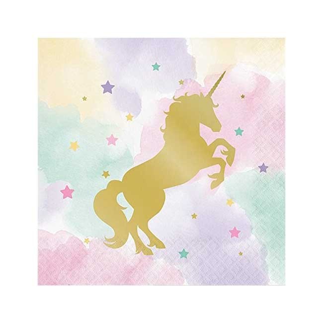 Load image into Gallery viewer, Golden foil silhouette of a magical unicorn against a colourful backdrop on the party napkins. Package includes 10 party napkins to match your Magical Unicorn party theme.
