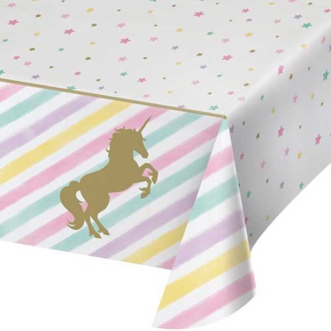 Get this cool rainbow coloured Golden Unicorn Fun tablecover to decorate your cake table and take some memorable photos for your party event! 