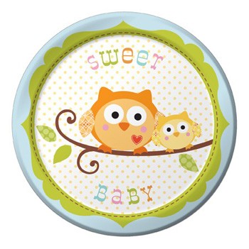 Happi Tree themed 7" paper plates comes in the soft pastel colors to feature a cute little baby owl.