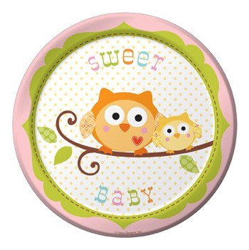 Happi Tree themed 7" paper plates comes in the soft pastel colors to feature a cute little baby owl. Perfect for appetizers, snacks, and cake. Sold in quantities of 8 per pack.