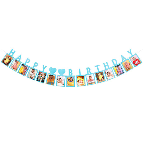Blue Happy Birthday Photo Garland to display all the happy moments in the 1 year for all your friends and family to see.