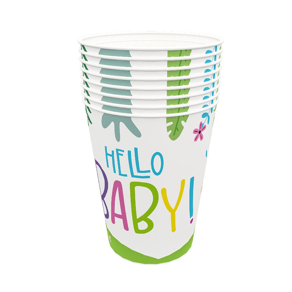 Sweet animal themed paper cups for the baby shower or 100 Days Baby Celebration 9-ounce hot/cold cups are sold in quantities of 8 per pack.