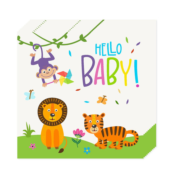 Load image into Gallery viewer, Hello Baby! Cute and fun Jungle animal themed napkins comes in the bright colors to welcome the arrival of the little one
