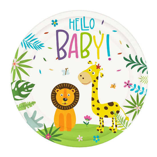 Hello Baby Animals themed party plates in bright and lively colours.