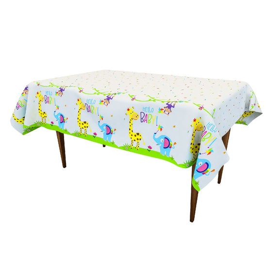Load image into Gallery viewer, For a huge decorating impact, cover your tables with the cute Helo Baby Jungle animals table cover. Measuring 132cm x 220cm, the plastic tablecover wipes clean easily and can be used indoors or outdoors for a baby shower or 100 Days Celebration.
