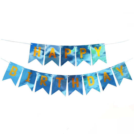 Holographic Light Blue Happy Birthday Banner for a glittery and shimmering birthday backdrop decoration.
