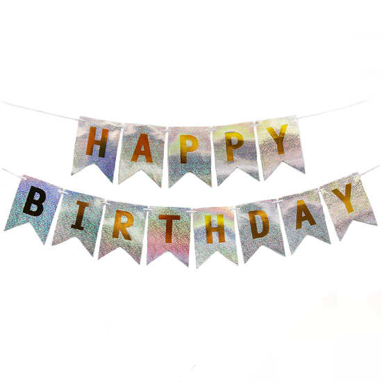 Holographic Silver Happy Birthday Banner for a classic and impressive birthday backdrop decoration.