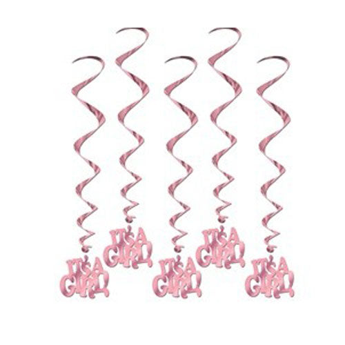 Complete your baby shower, 100 days, full month parties with these shimmering It's a Girl Swirl Decorations.