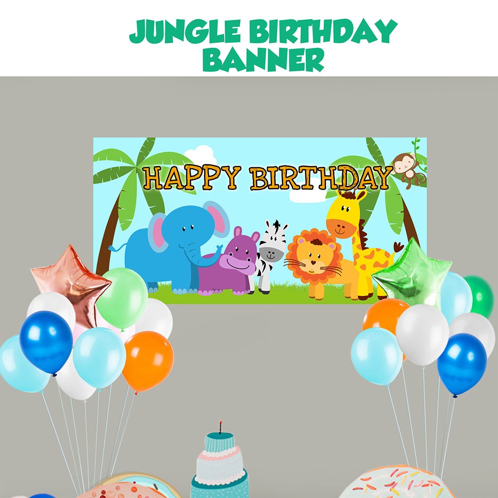 Lovely and adorable jungle animals poster banner for your birthday cake table backdrop. Lovely in pastel blue tones, dots and stars, it certainly helps to make cake cutting photos a lot nicer! 