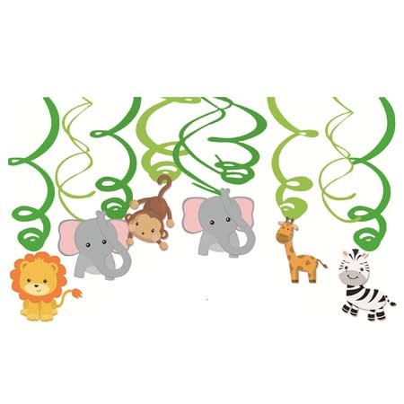 Load image into Gallery viewer, Jungle Party Swirl Decorations. Includes 10pcs of hanging foil swirl decorations.
