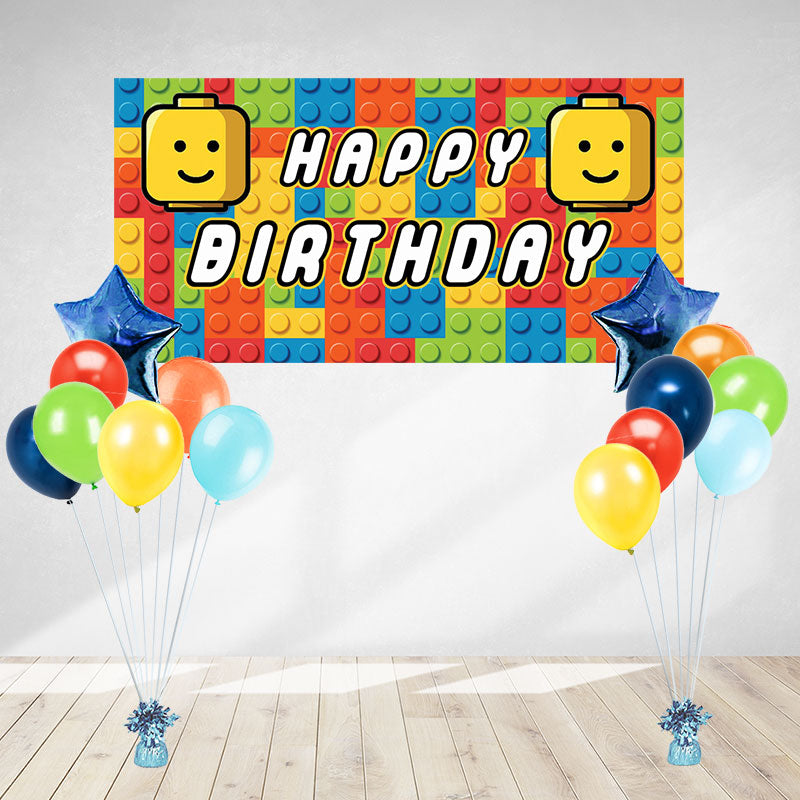 Colourful Lego Building Blocks Poster Banner and 2 sets of brightly coloured helium balloon bouquet. Easy to setup party decoration especially for a home party with family and friends