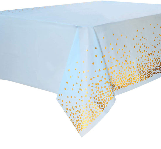 What a wonderful addition for the enhancement of your cake cutting table and dessert table with a blue based tablecover full of shimmering gold polkadots.. 