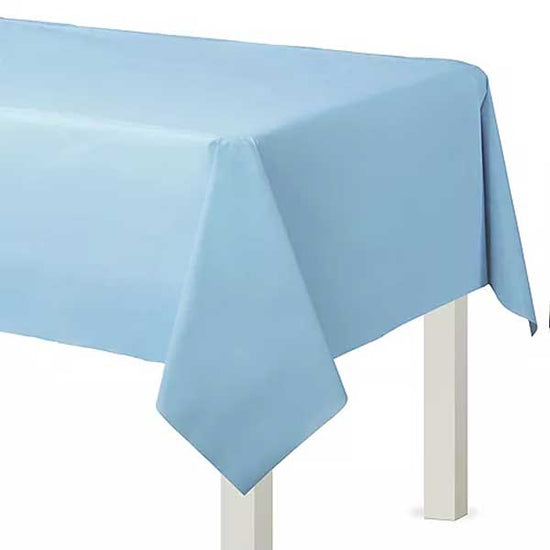 Pastel light blue table cover for baby boy party or 1st birthday parties.