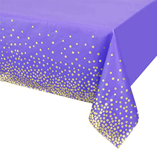 Cool lilac or lavender table cover filled with lots of shimmering gold dots.