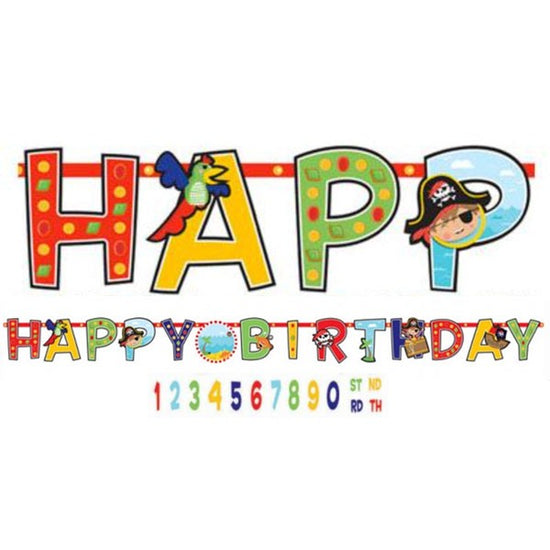 Ready for some pirate adventures?!! Get all the pirate party stuffs for your special pirate party. Little Pirates Add an Age Banner - 3.2m (each) Little Pirate Letter Banner spelling out Happy Birthday with the pirate and his friends featuring on different letters. 