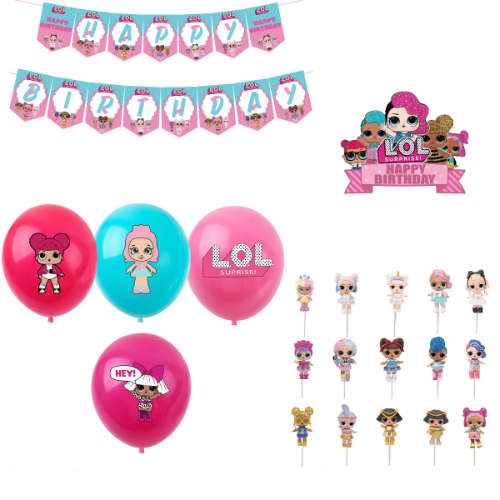 LOL Surprise party decoration kit includes cake decor, balloons and banner.