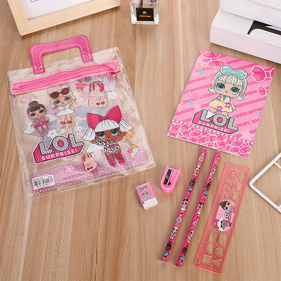 LOL Surprise Stationery Bag Gift Set comes with pencils, ruler, sharpener, notebook and eraser.