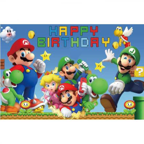 Colourful Super Mario Bros birthday party large backdrop.