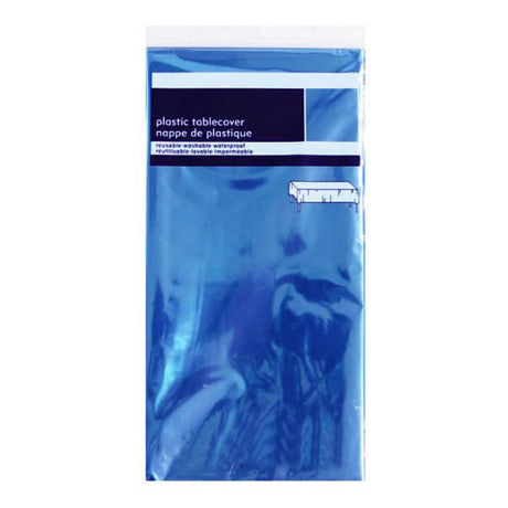 Blue metallic foil table cover for birthday or baby shower celebration.