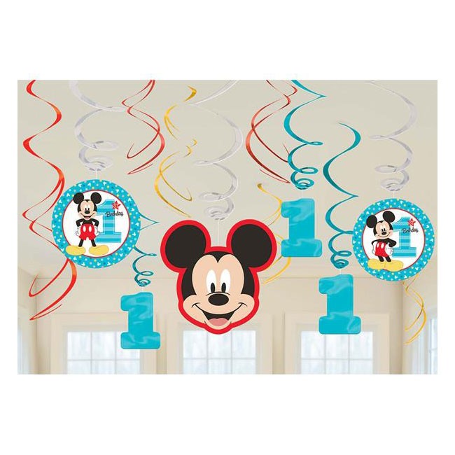 Load image into Gallery viewer, Mickey Mouse Swirl Decoration - 12 pieces/Pkg - Includes (6) hanging swirls with cutouts (24&amp;quot;) and (6) foil hanging swirls (18&amp;quot;)
