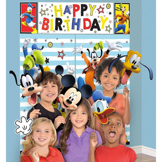 Load image into Gallery viewer, Mickey Mouse scene setter for photo booth and come with props for Mickey, Goofy, Pluto and Donald Duck.
