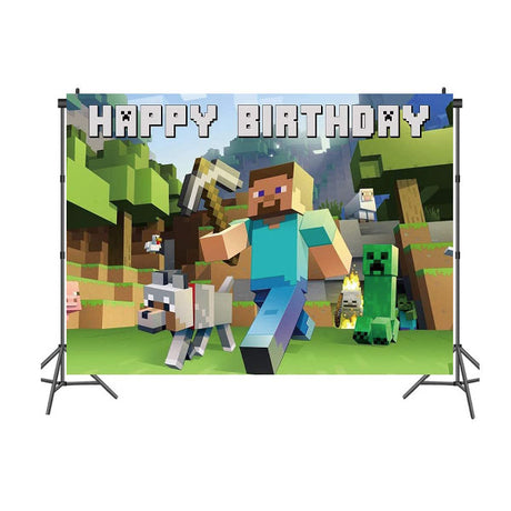 Large Minecraft Fabric Banner for your impressive gamer birthday party backdrop decoration.