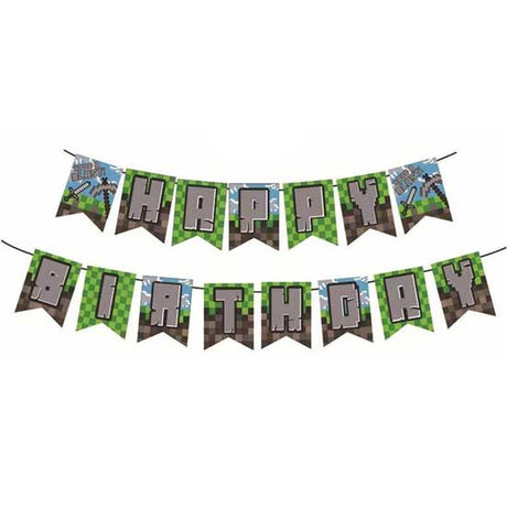 Minecraft Happy Birthday Banner for the Gamer's Birthday backdrop decoration. From Party Supplies Singapore.