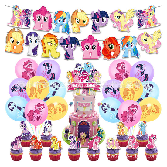 My Little Pony party decoration kit featuring Pinkie Pie, Rainbow Dash, Twilight Sparkle, Fluttershy, Apple Jack.