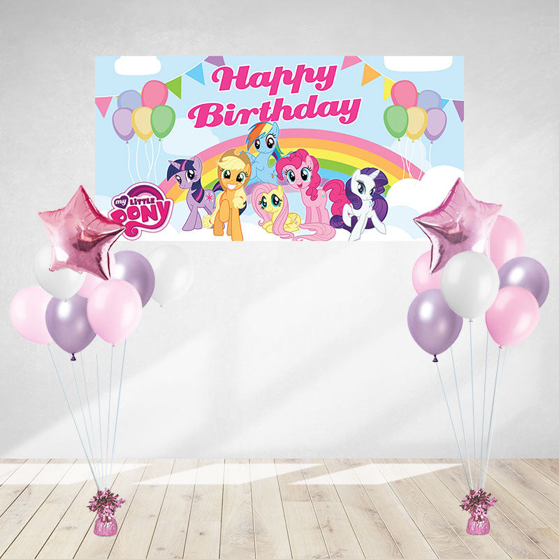 Colourful My Little Pony Poster Banner and 2 sets of brightly coloured helium balloon bouquet. Easy to setup party decoration especially for a home party with family and friends. Have Pinkie Pie, Rainbow Dash, Twilight Sparkle and the rest to join you for a great birthday celebration!