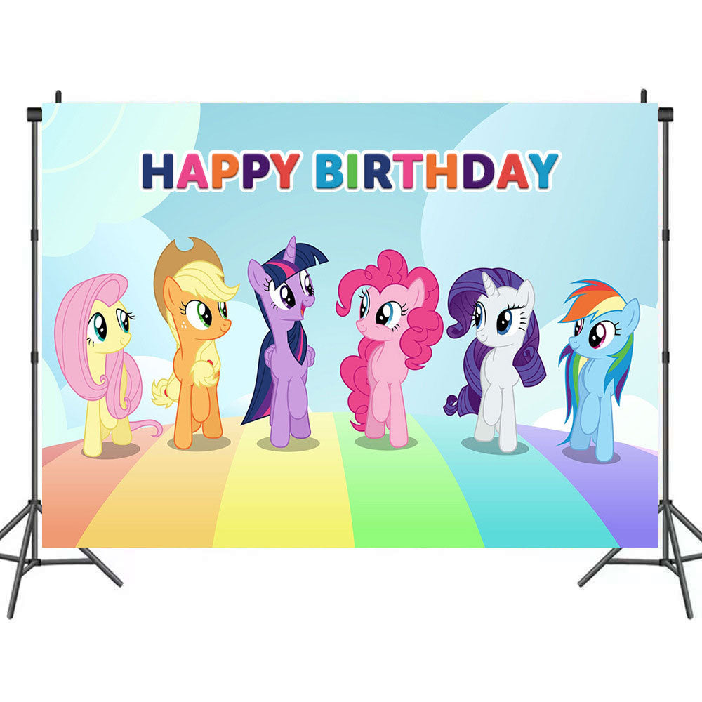 My Little Pony Birthday Fabric Backdrop for the party decoration. Set up your cake table and take loads of beautiful photos.