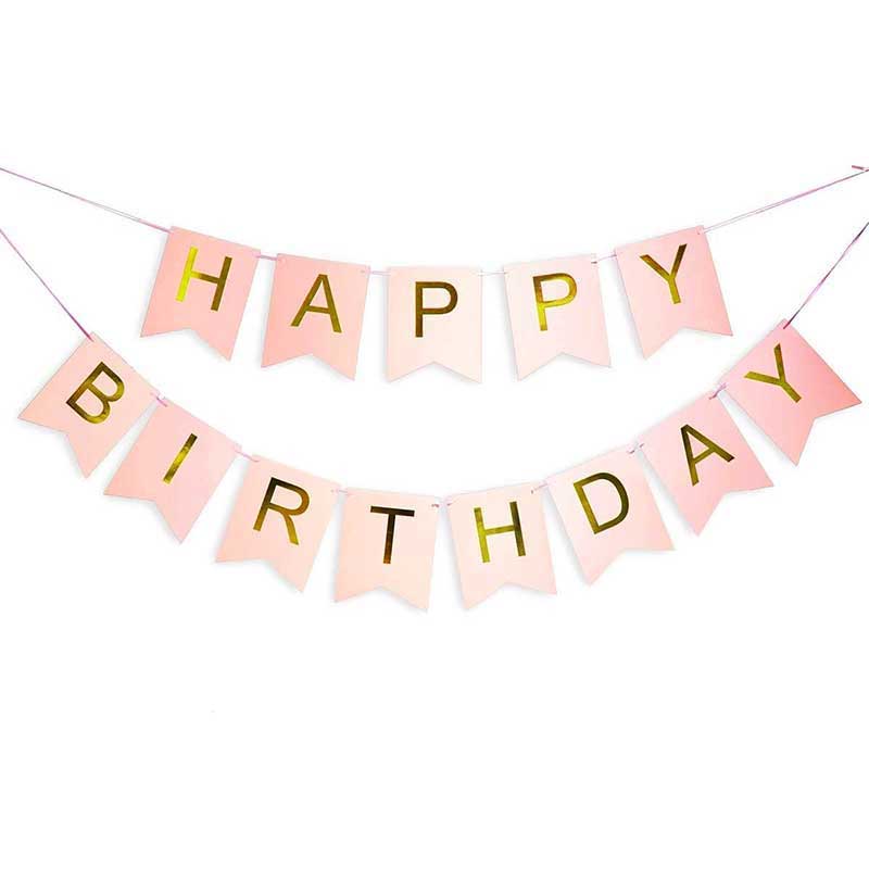 Pink Birthday Banner with Gold Letters.