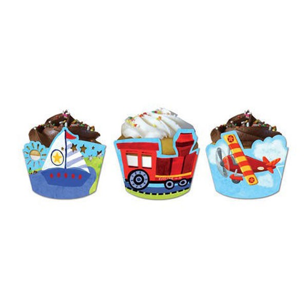 Load image into Gallery viewer, The adorable On the Go Cupcake Wrapper features a little boy favorite of sailboats, trains, and airplanes. Wrappers incorporate the sailboat, train or airplane in easy to match primary colors of red, blue, yellow and green. 

