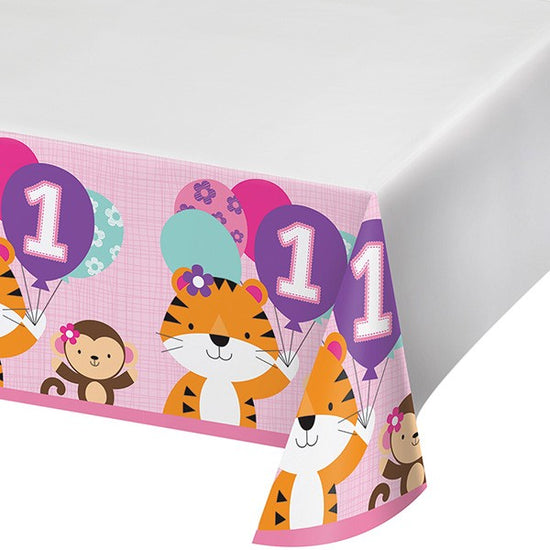 Cover your dinner or gift table with our Cute Animals 1st birthday coordinating tablecover. The tablecover measures 54" x 108"  An important additon to your cake table for the nicest and most colourful cake cutting photos