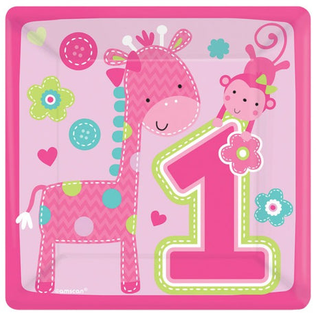 Celebrate your baby girl's 1st birthday with the cake table set with nice tablewares like these lovely ONE Wild jungle themed party plates