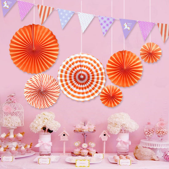 Load image into Gallery viewer, Orange dessert table decoration setup. 
