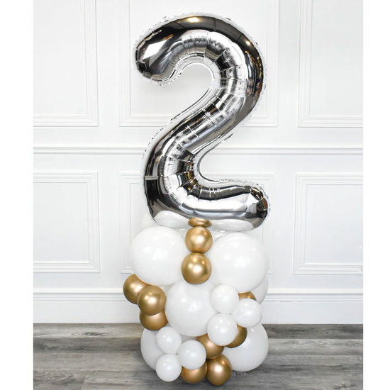 Elegant White & Chrome Gold Balloon Column with Silver Jumbo Number.