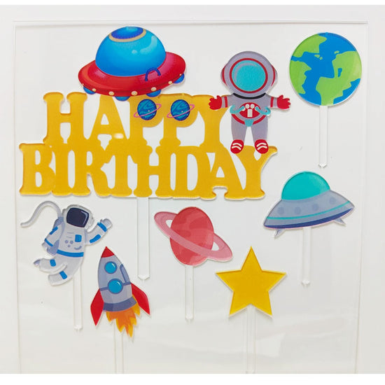 Cool Acrylic cake topper and cupcake toppers set for the astronaut themed birthday party.