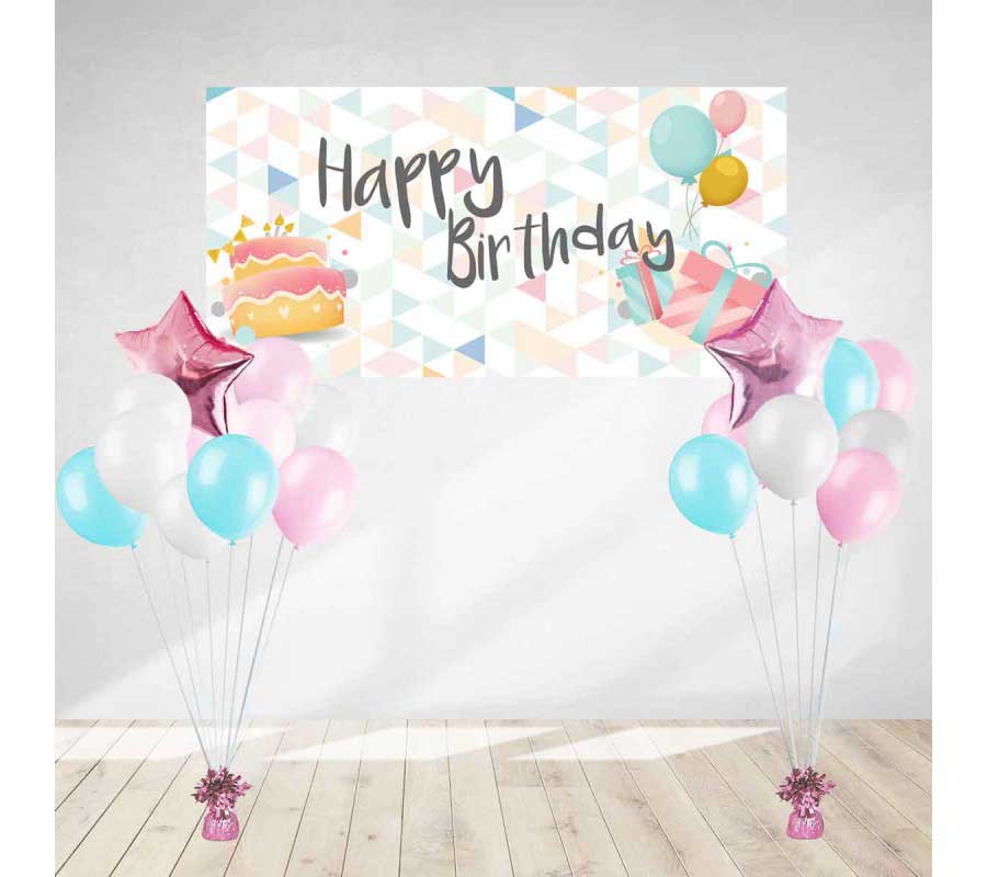 Load image into Gallery viewer, Pastel Birthday Banner set for the backdrop of the dessert table.
